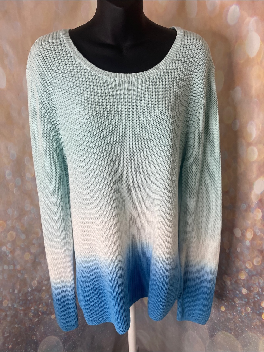 Talbots Ombre Crewneck Sweater in Mint, White & Blue Size: XL
